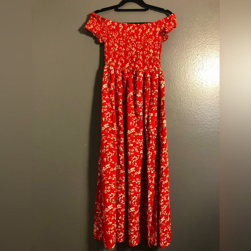 Off The Shoulder Floral Summer Maxi Dress Double Front Slits Orange Womens MED